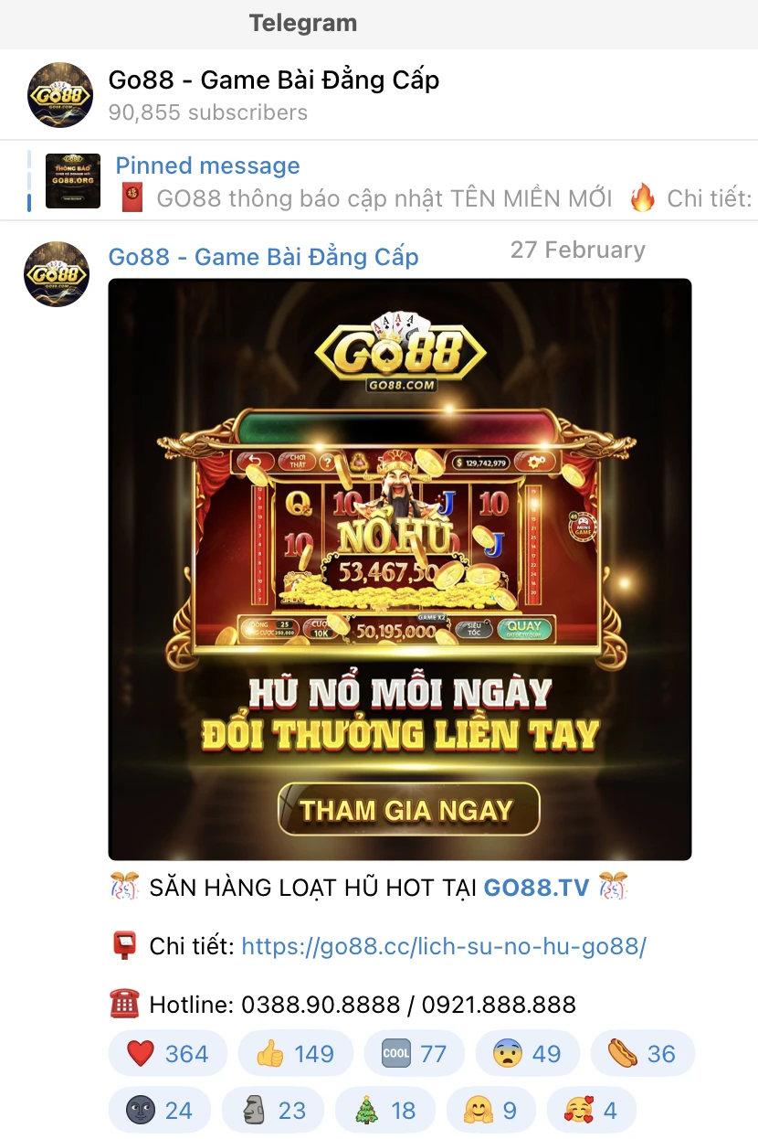 Công bố tiền thưởng nổ hũ trên Telegram Go88 Công bố tiền thưởng nổ hũ trên Telegram Go88
